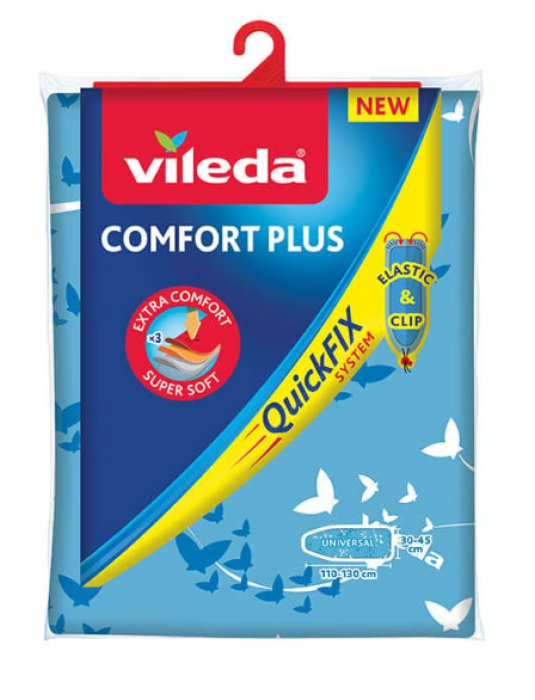 Vileda Comfort Plus Bügelbrettbezug, Größe von 30-45 cm Breite und 110-130 cm Länge, Blau, VIBB COMF BL